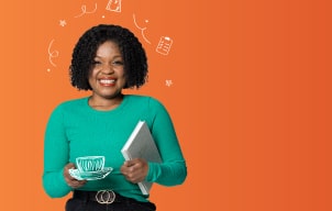 A female smiling holding a coffee cup and book with illustrations around her