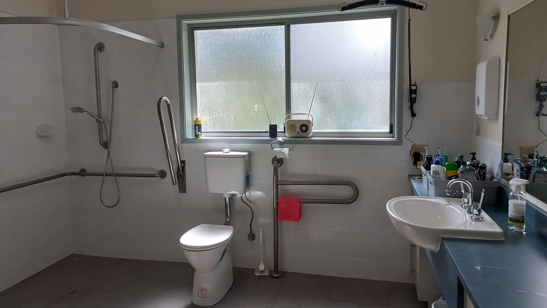 View of the bathroom showing a shower area with handrail, a toilet under a large window and a basin area.