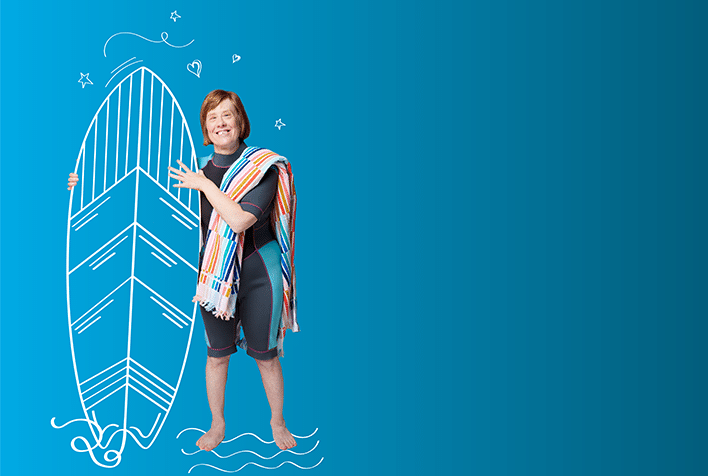 White woman in a wetsuit with a towel and surfboard, smiling, on a blue background, surrounded by illustrations.