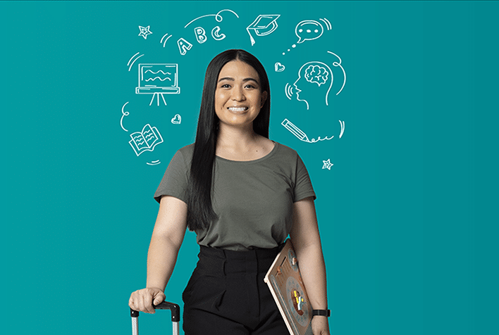 Asian woman with long black hair, holding onto a trolley and a laptop, smiling. On a turquoise backgound with illustrations