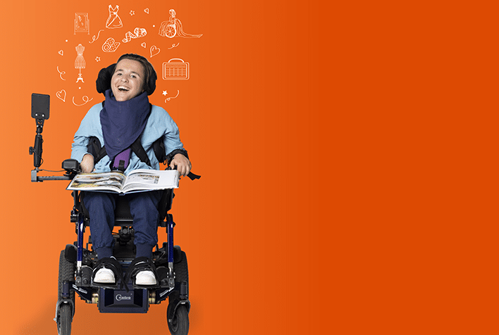 White woman sitting ina wheelchair wearing a purple shirt, against an orange background with illustrations.