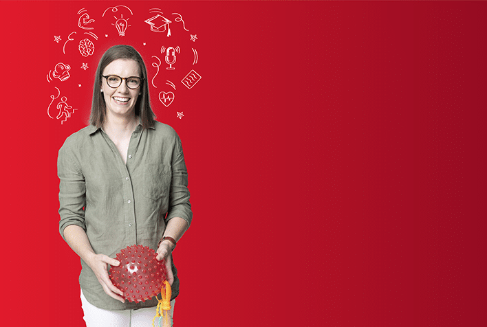 White woman holding a ball, wearing spectacles, smiling to camera on a red background, surrounded by a halo of illustrations.