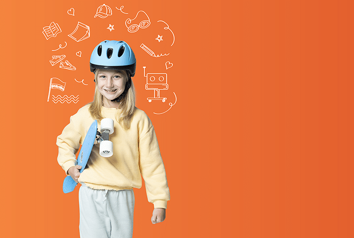 Girl with skatboard and helmet on orange background with halo of illustrations