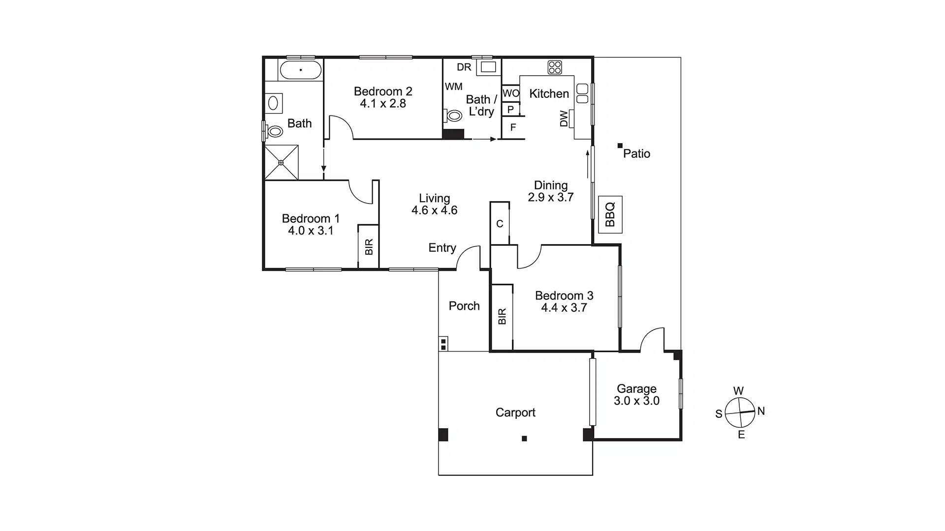 Floorplan of a single-storey, wheelchair accessible, supported independent living home with three bedrooms, one accessible bathroom, open plan living and kitchen area
