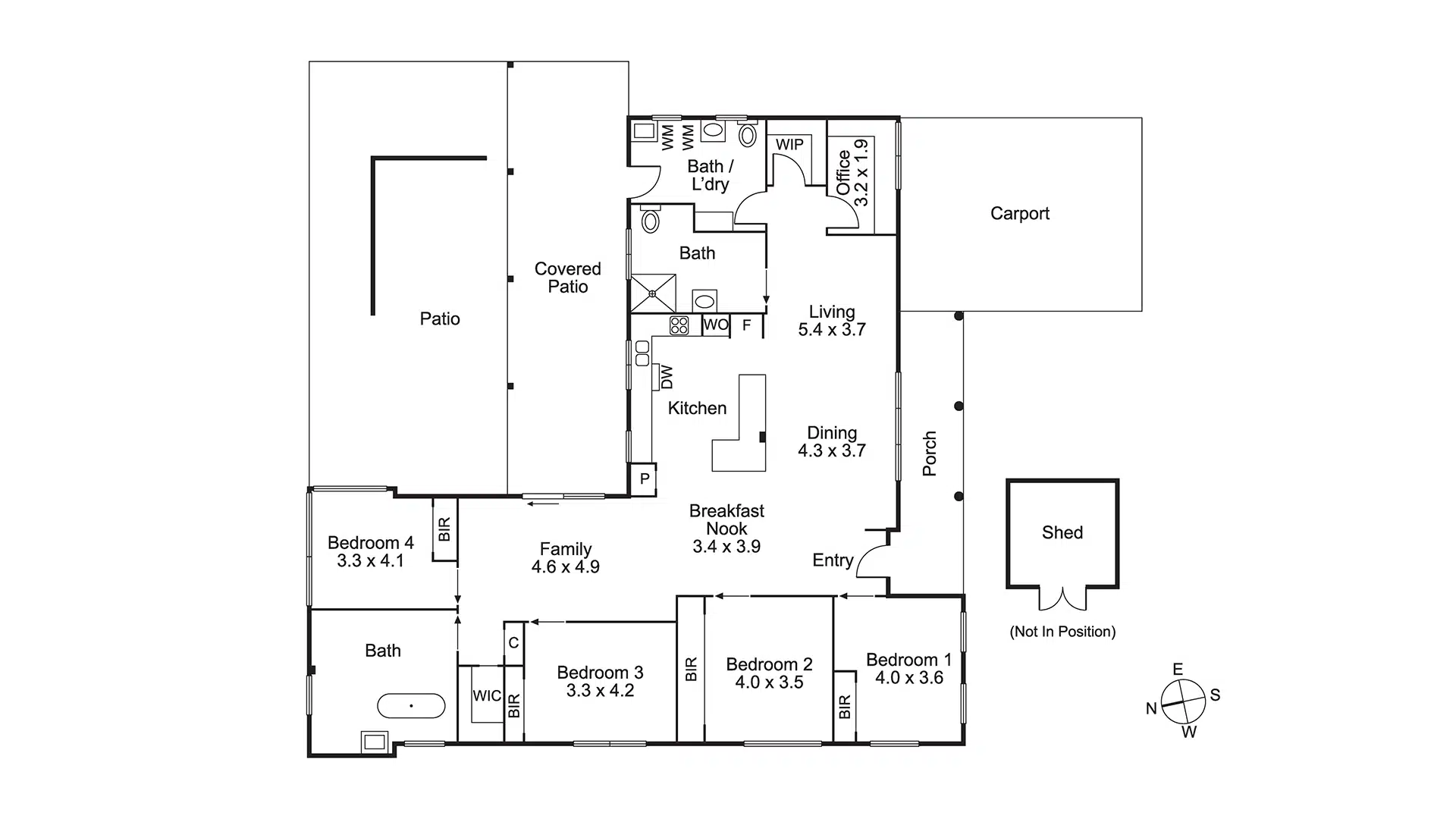 Floorplan of a single-storey, wheelchair accessible, supported independent living home with four bedrooms, two accessible bathrooms, open plan living and kitchen area