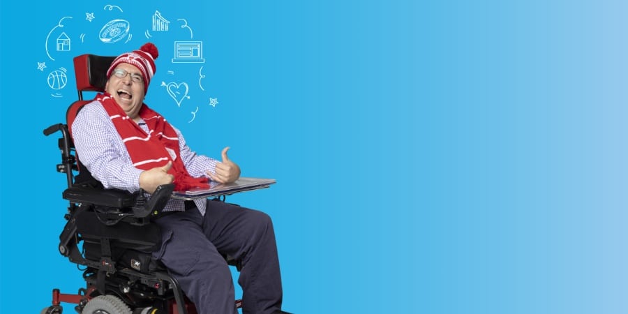 Man in wheelchair wearing blue pants, blue shirt, red scarf and hat. On blue background with halo of illustrations.