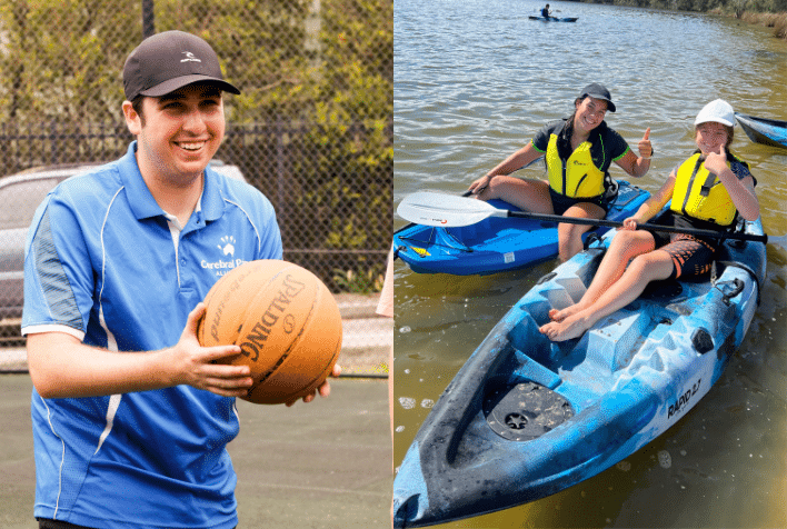 A male smiling holding a basketball next to a photo of two females in kayaks.
