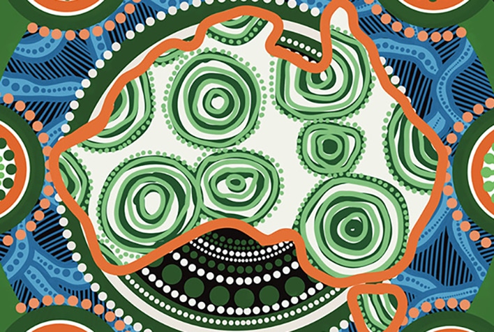 Aboriginal artwork in the shape of Australia