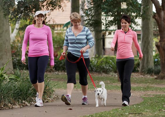 Three women in activewear out walking a small dog