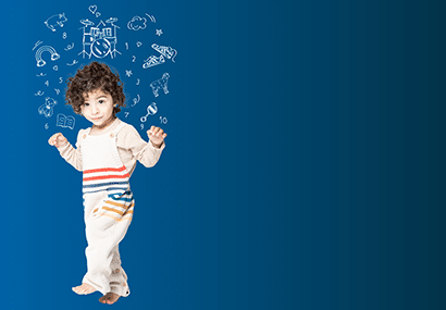 Two year old Jibreel standing against a blue background surrounded by small illustrations