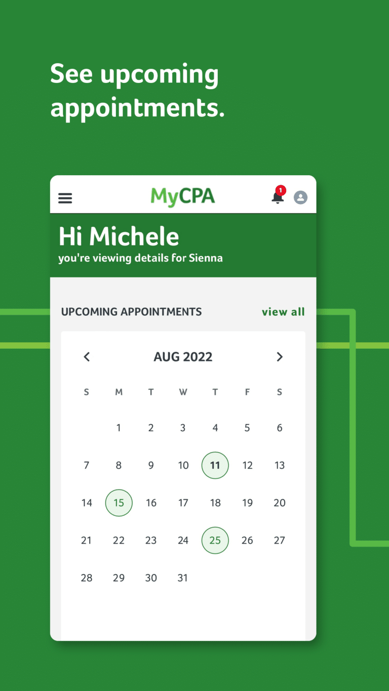 phone screen displaying the MyCPA app booking screen