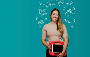 Speech Pathologist Rhiannon smiling to camera, holding an ipad in a red case in her hands, with small illustrations around her head