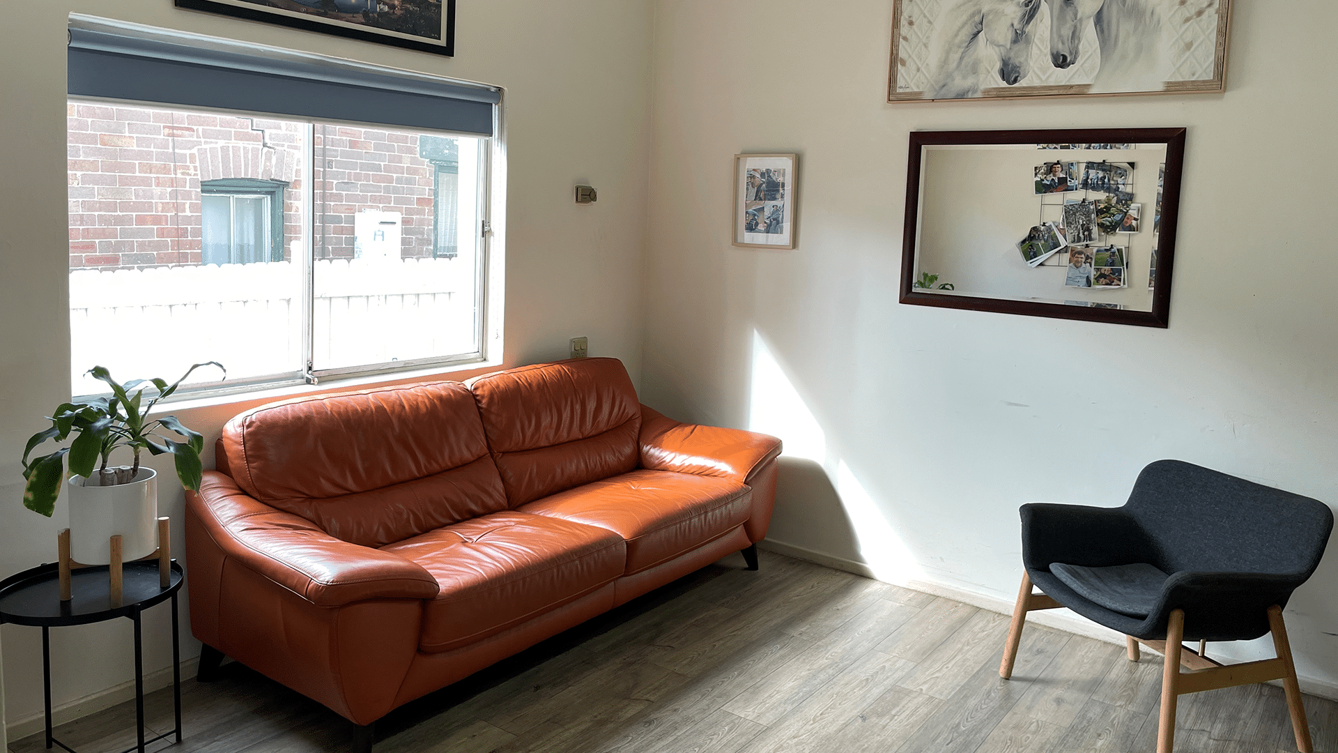 View of a sun filled corner of the lounge room with a leather couch under a window.