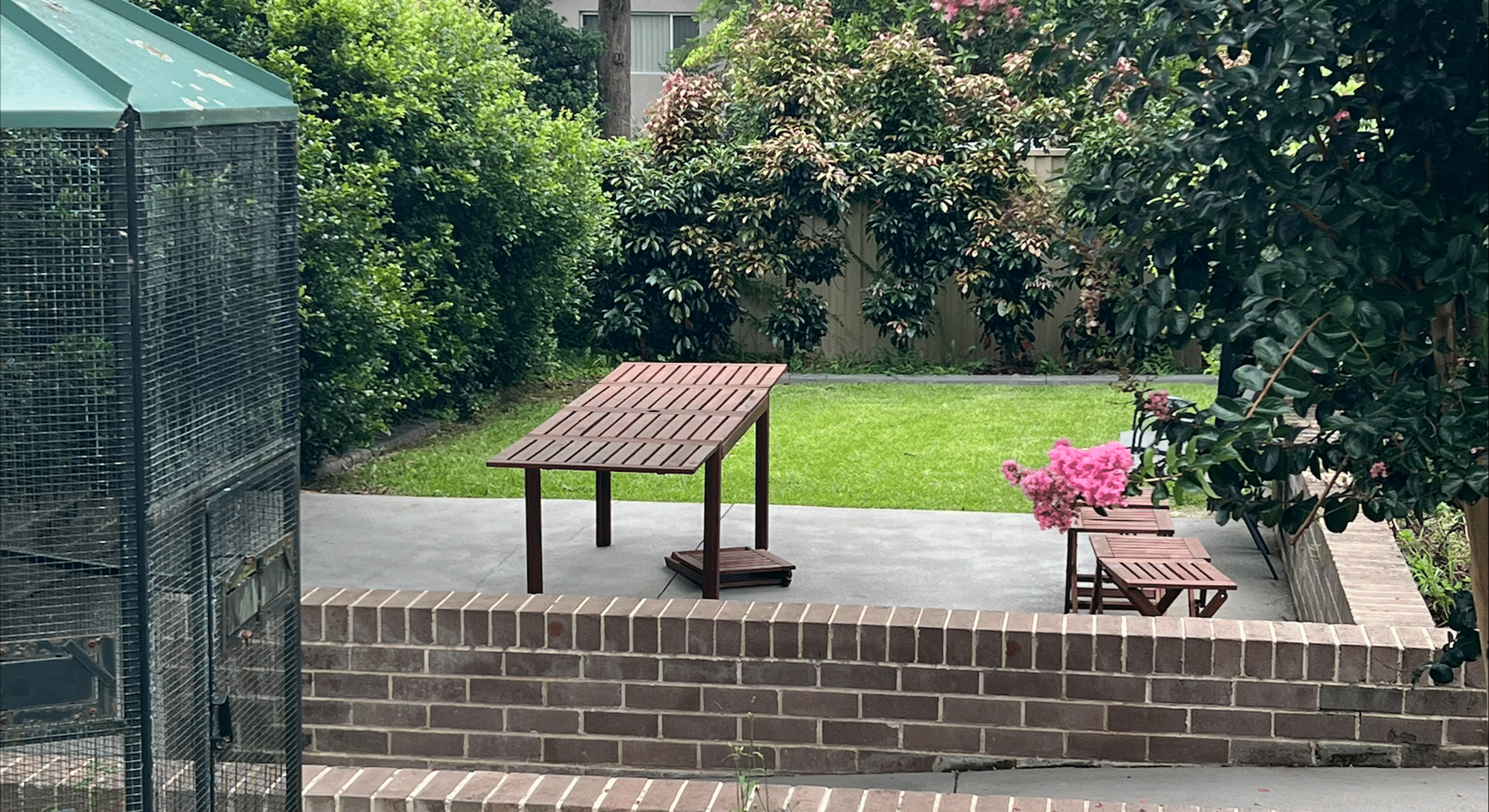 View of the backyard with trees, grassed yard and concrete seating area.