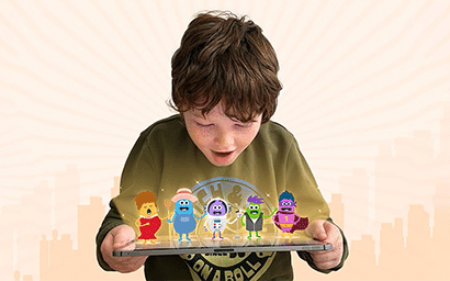 young boy looking down in wonder at 5 small animated characters standing on top of a ipad he is holding in his hands