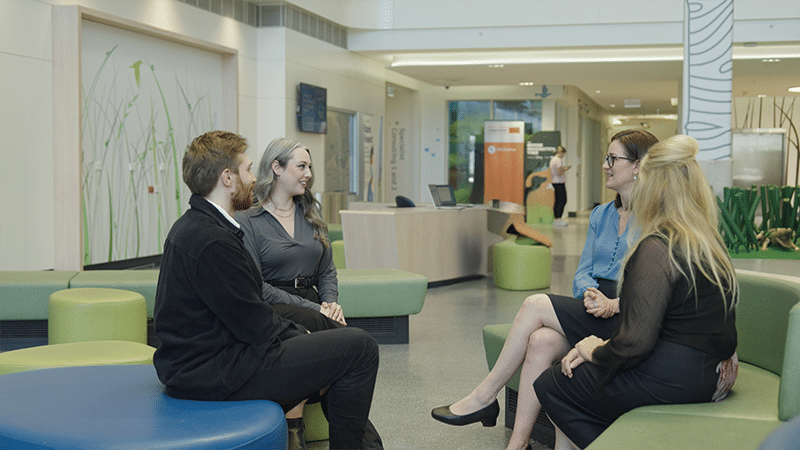 CPA Researchers Remy Blatch-Williams, Madison Paton, Megan Finch Edmondson, and Iona Novak at hospital for Zara’s cord blood treatment.