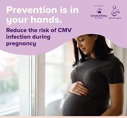 Prevention is in your hands cmv awareness poster showing a pregnant woman standing at a window looking at her tummy