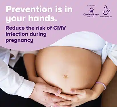 Prevention is in your hands cmv awareness poster showing a pregnant tummy with a couple holding hands