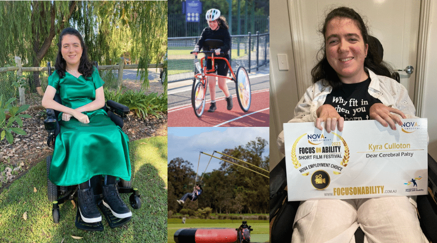 Collage of CPActive Champion Kyra participating in community activities, including using an adaptive tricycle, enjoying outdoor recreation and holding a Focus on Ability Film Festival award certificate.