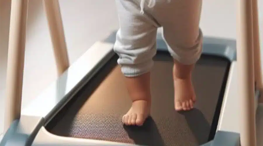 View of a baby's legs walking on a treadmill during therapy