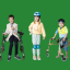 Three children in front of a green background, a young boy holding a microphone using a walking frame, a young girl smiling holding a skateboard and another young boy dressed in swimming gear standing in a walking frame.